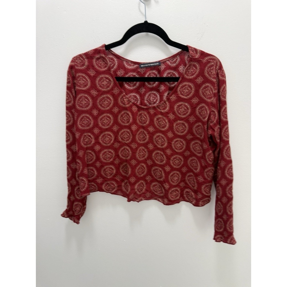 Brandy Melville Red Paisley Crop‎ Top Long Sleeve Rayon Boho One Size